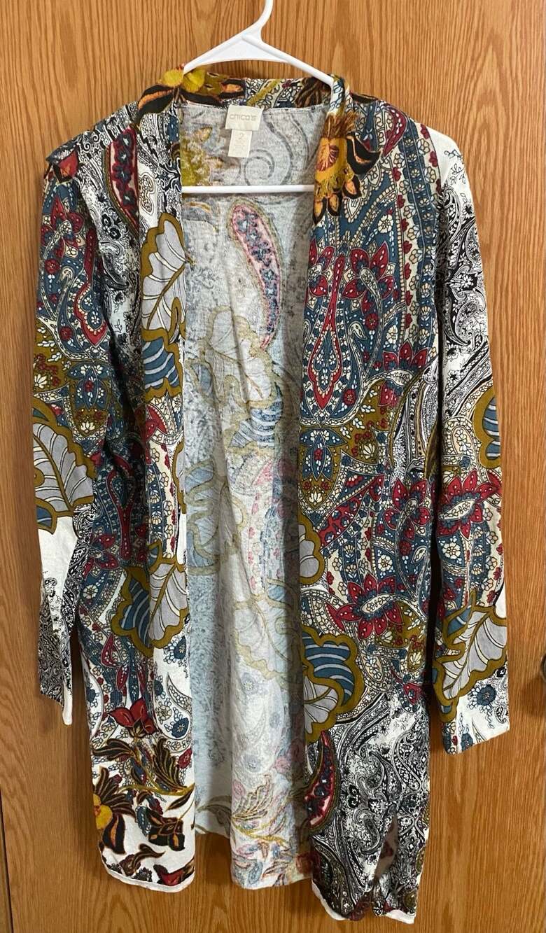 Chico's Open Front Cardigan Size 2 Multicolor Paisley Knit Sweater